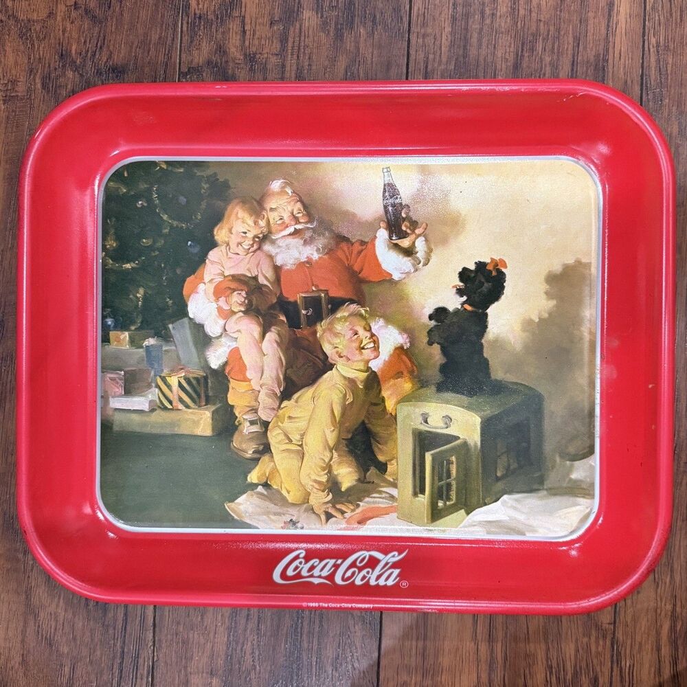 1986 Coca-Cola Tin Litho Advertising Tray Christmas Santa Kids Red Coke Vtg, A6
